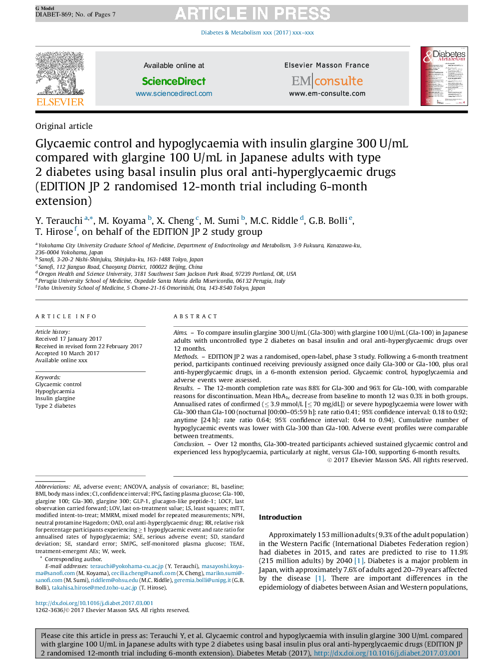 Glycaemic control and hypoglycaemia with insulin glargine 300 U/mL compared with glargine 100 U/mL in Japanese adults with type 2 diabetes using basal insulin plus oral anti-hyperglycaemic drugs (EDITION JP 2 randomised 12-month trial including 6-month ex