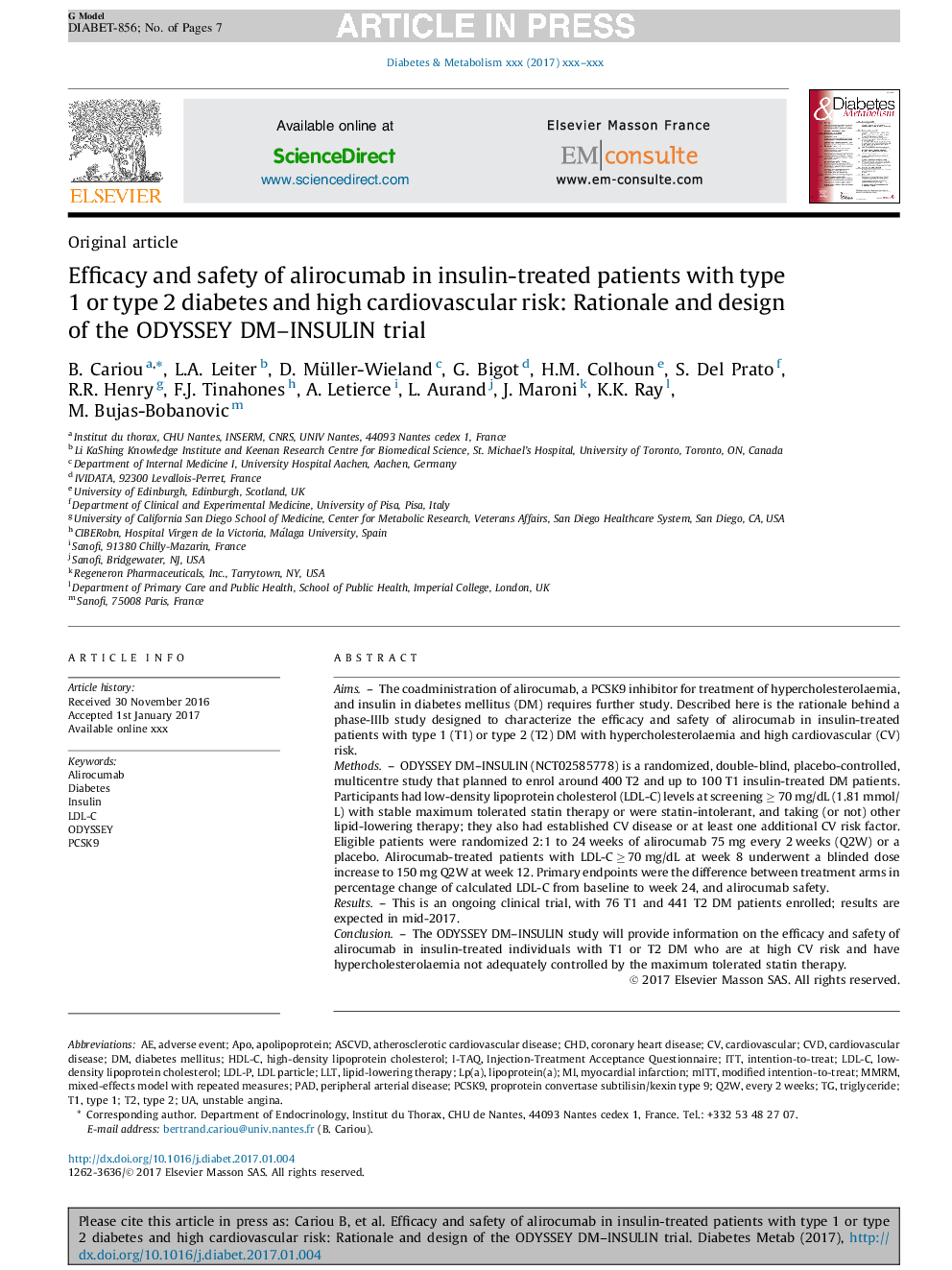 Efficacy and safety of alirocumab in insulin-treated patients with type 1 or type 2 diabetes and high cardiovascular risk: Rationale and design of the ODYSSEY DM-INSULIN trial