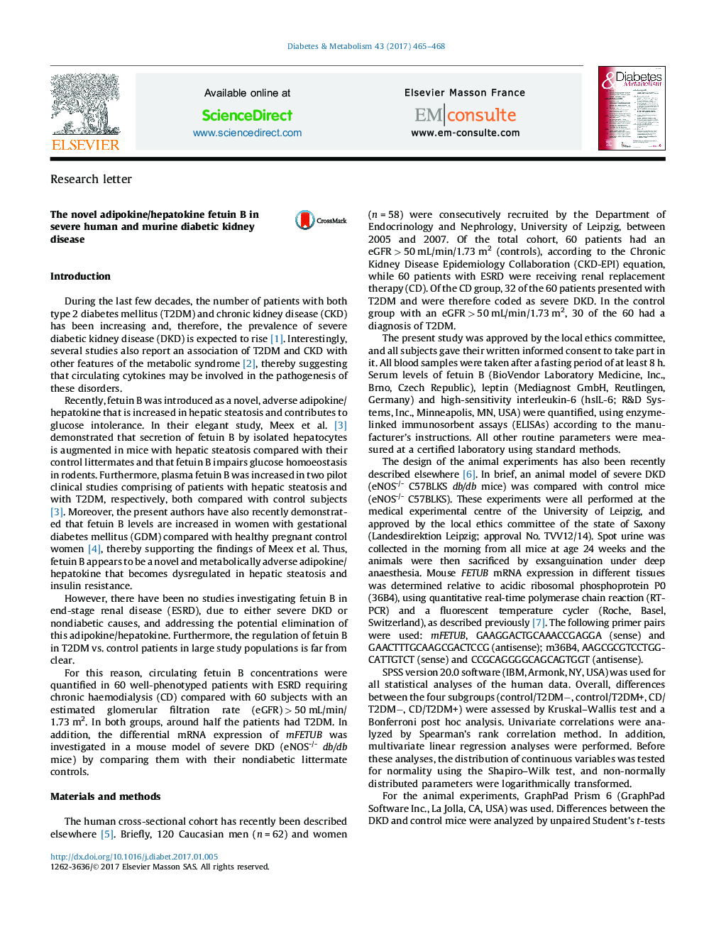 The novel adipokine/hepatokine fetuin B in severe human and murine diabetic kidney disease
