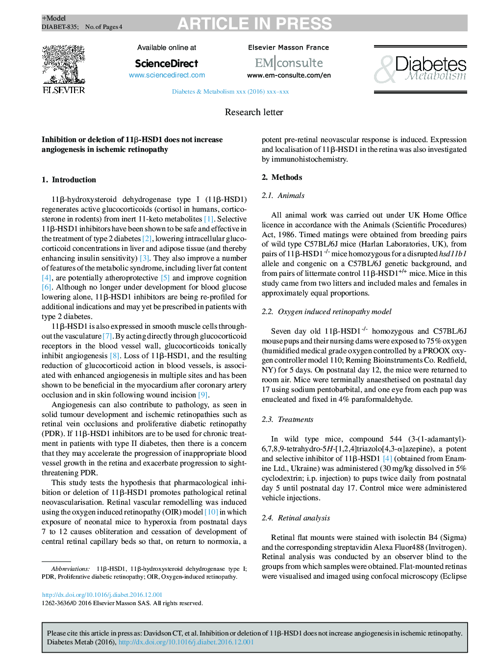 Inhibition or deletion of 11Î²-HSD1 does not increase angiogenesis in ischemic retinopathy