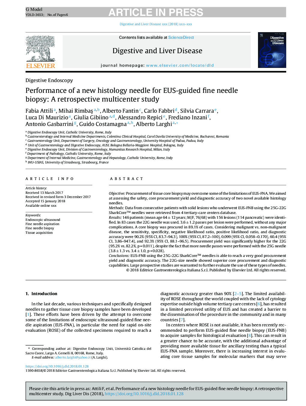 Performance of a new histology needle for EUS-guided fine needle biopsy: A retrospective multicenter study