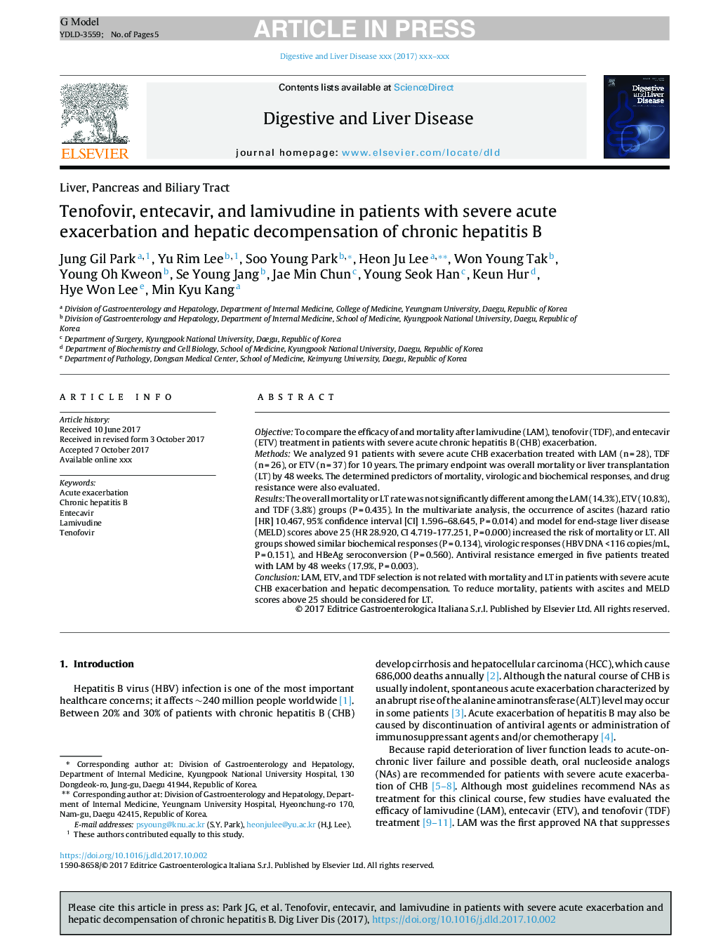 Tenofovir, entecavir, and lamivudine in patients with severe acute exacerbation and hepatic decompensation of chronic hepatitis B