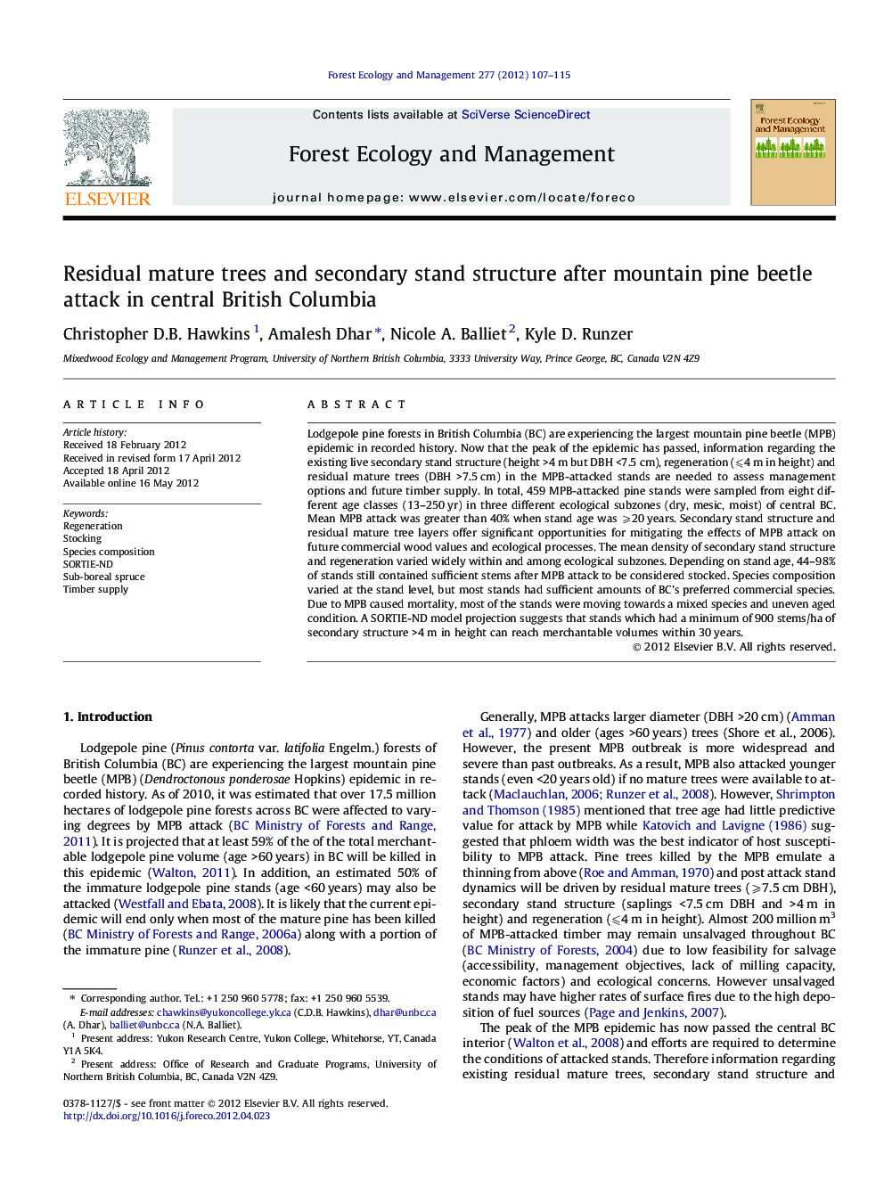 Residual mature trees and secondary stand structure after mountain pine beetle attack in central British Columbia