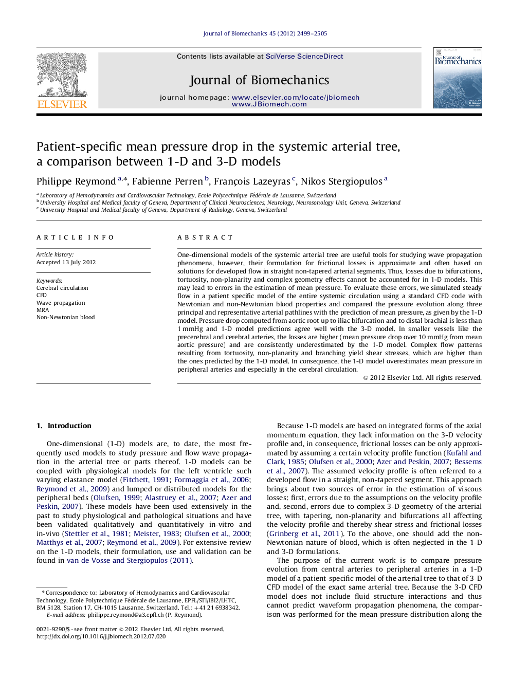 Patient-specific mean pressure drop in the systemic arterial tree, a comparison between 1-D and 3-D models