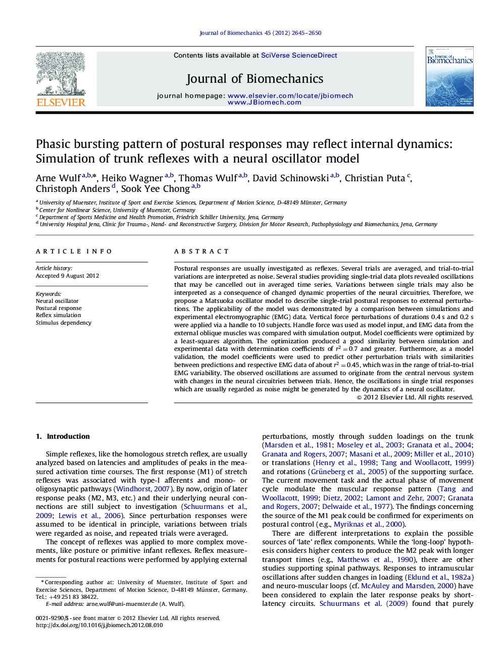 Phasic bursting pattern of postural responses may reflect internal dynamics: Simulation of trunk reflexes with a neural oscillator model