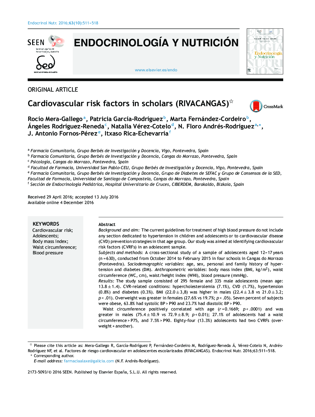 Cardiovascular risk factors in scholars (RIVACANGAS)