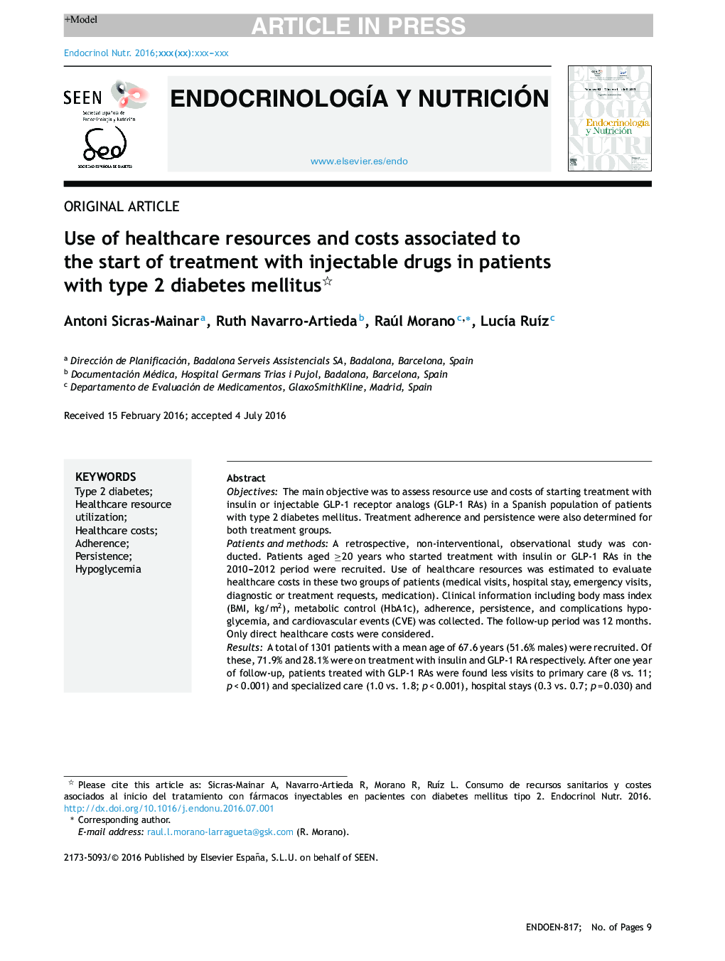 Use of healthcare resources and costs associated to the start of treatment with injectable drugs in patients with type 2 diabetes mellitus