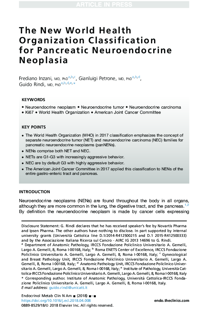 The New World Health Organization Classification for Pancreatic Neuroendocrine Neoplasia