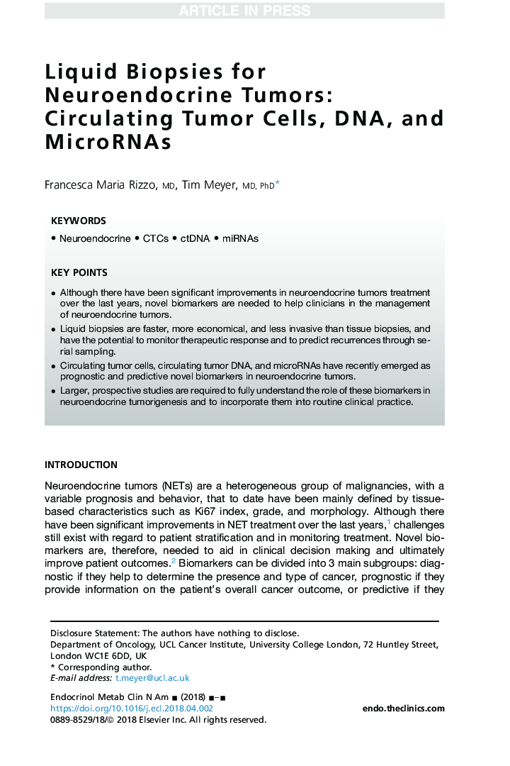 Liquid Biopsies for Neuroendocrine Tumors: Circulating Tumor Cells, DNA, and MicroRNAs