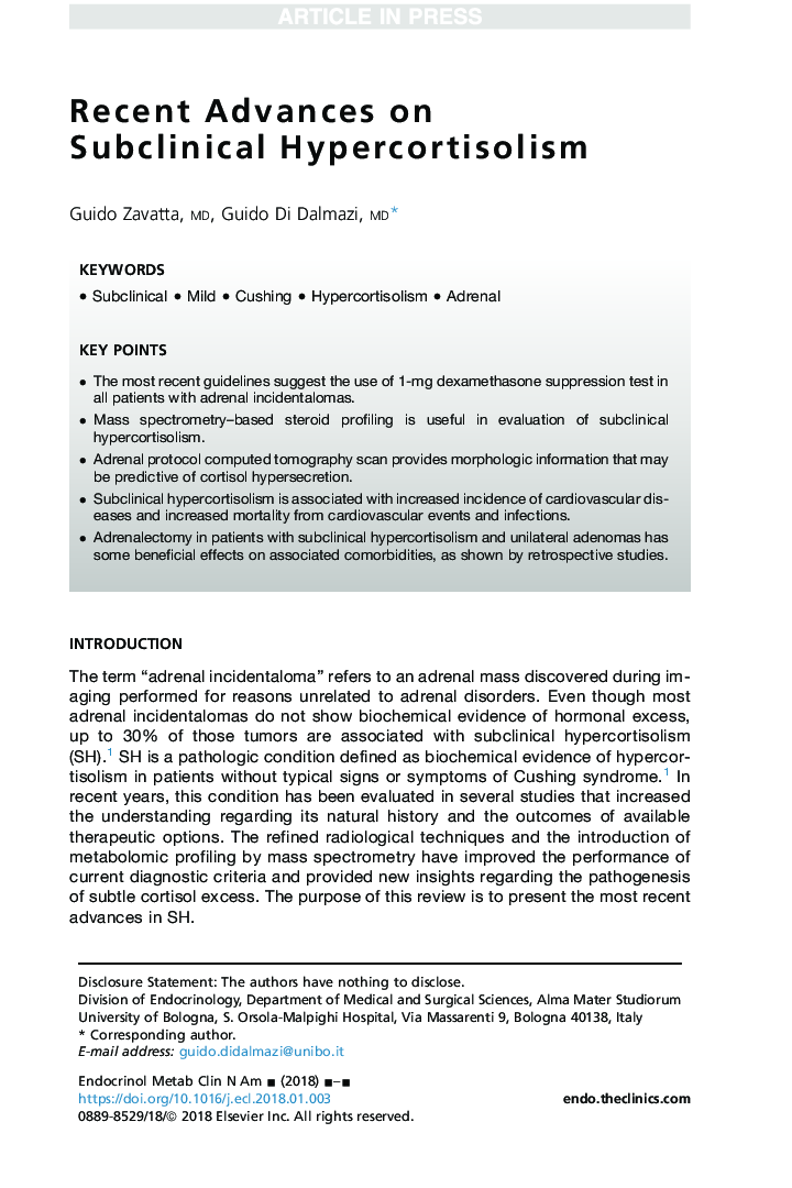 Recent Advances on Subclinical Hypercortisolism