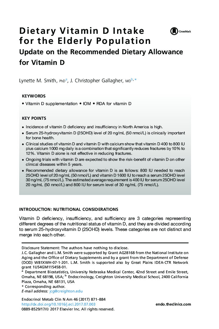 Dietary Vitamin D Intake for the Elderly Population