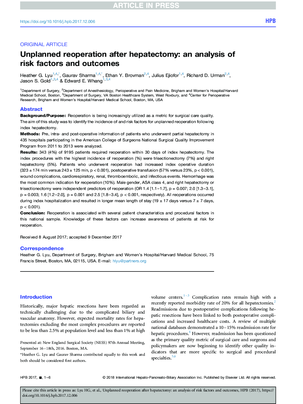 Unplanned reoperation after hepatectomy: an analysis of risk factors and outcomes