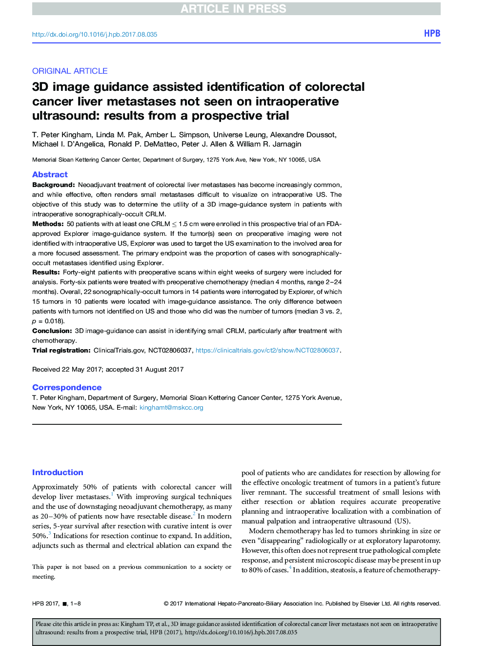 3D image guidance assisted identification of colorectal cancer liver metastases not seen on intraoperative ultrasound: results from a prospective trial