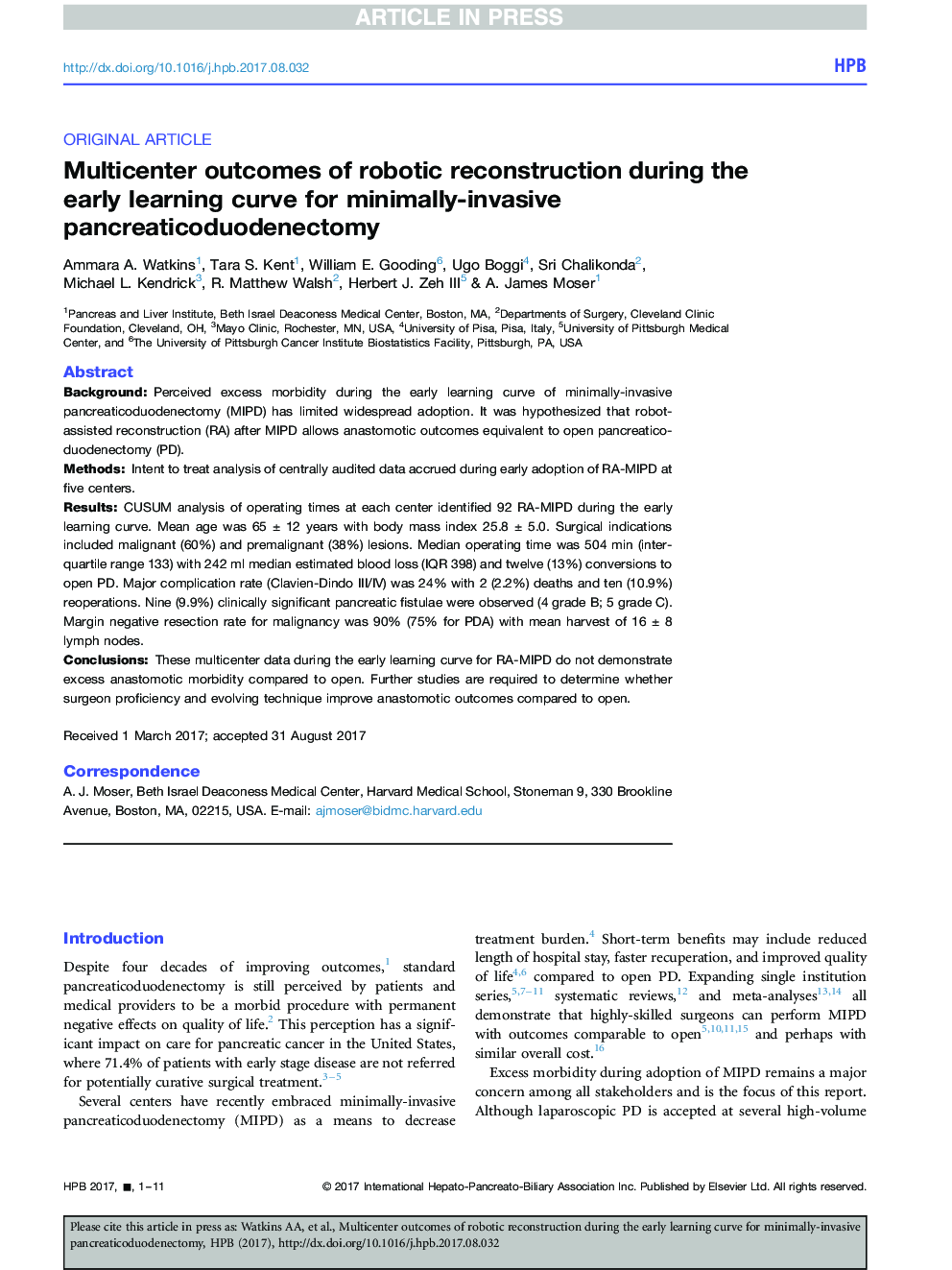 Multicenter outcomes of robotic reconstruction during the early learning curve for minimally-invasive pancreaticoduodenectomy