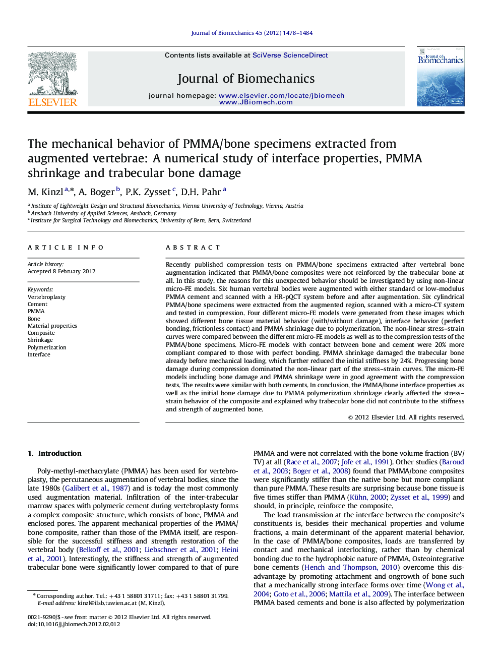 The mechanical behavior of PMMA/bone specimens extracted from augmented vertebrae: A numerical study of interface properties, PMMA shrinkage and trabecular bone damage