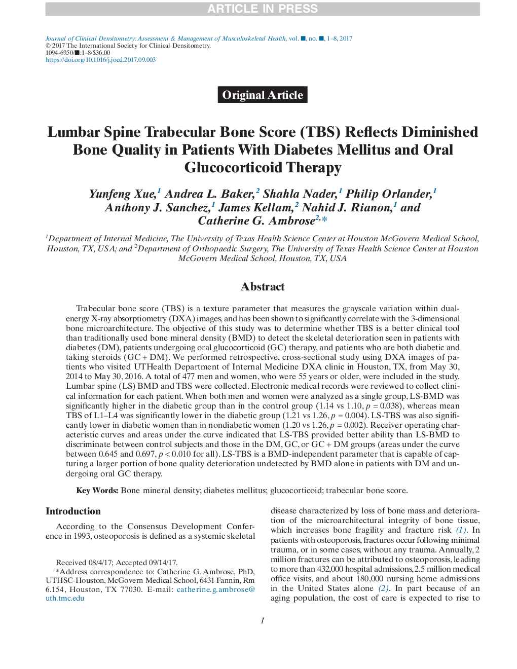 Lumbar Spine Trabecular Bone Score (TBS) Reflects Diminished Bone Quality in Patients With Diabetes Mellitus and Oral Glucocorticoid Therapy