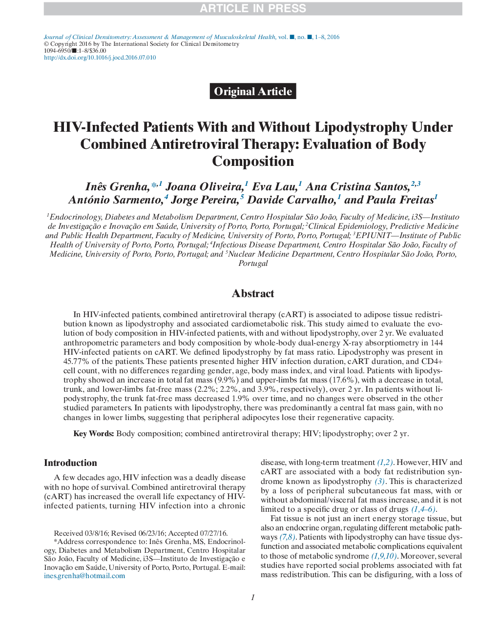 HIV-Infected Patients With and Without Lipodystrophy Under Combined Antiretroviral Therapy: Evaluation of Body Composition