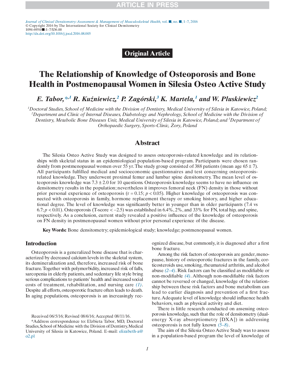 ارتباط دانش پوکی استخوان و سلامت استخوان در زنان یائسه در سیلسیا مطالعات فعال پوکی استخوان 