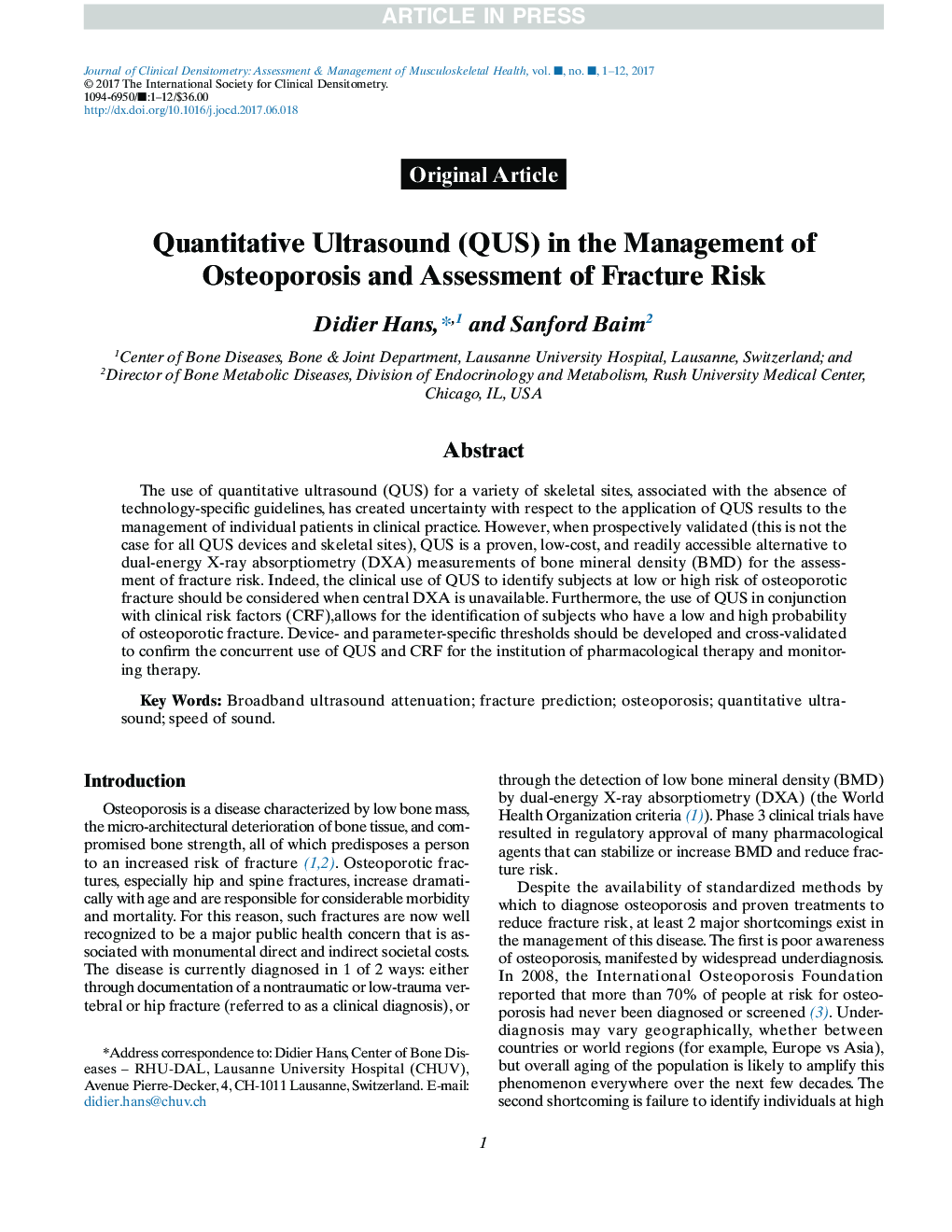 Quantitative Ultrasound (QUS) in the Management of Osteoporosis and Assessment of Fracture Risk