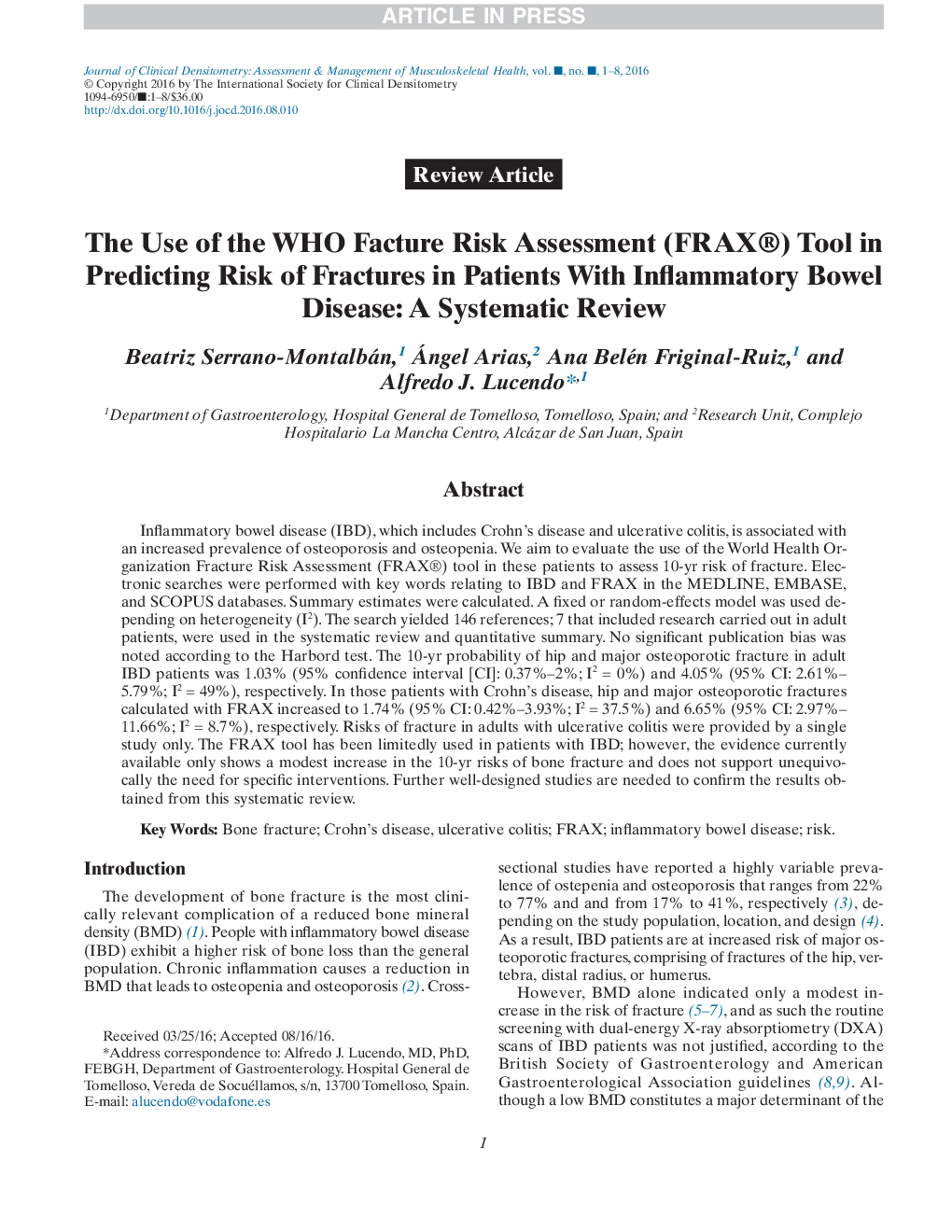 The Use of the Fracture Risk Assessment (FRAX®) Tool in Predicting Risk of Fractures in Patients With Inflammatory Bowel Disease: A Systematic Review