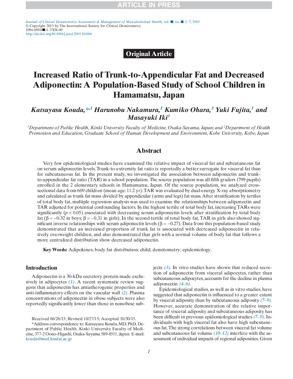 Increased Ratio of Trunk-to-Appendicular Fat and Decreased Adiponectin: A Population-Based Study of School Children in Hamamatsu, Japan