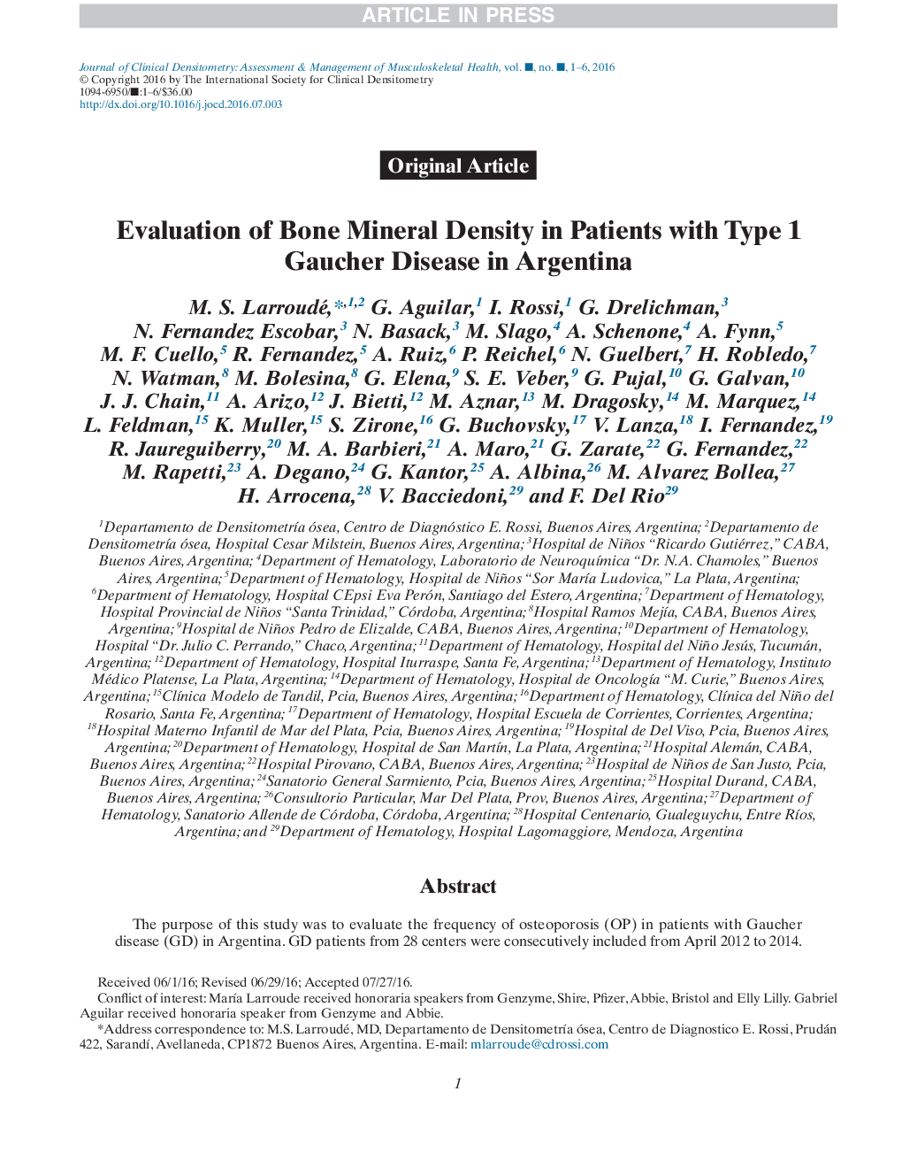 Evaluation of Bone Mineral Density in Patients with Type 1 Gaucher Disease in Argentina