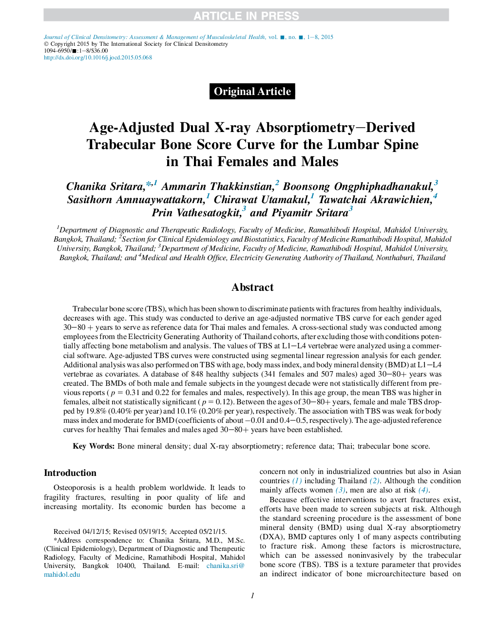 Age-Adjusted Dual X-ray Absorptiometry-Derived Trabecular Bone Score Curve for the Lumbar Spine in Thai Females and Males