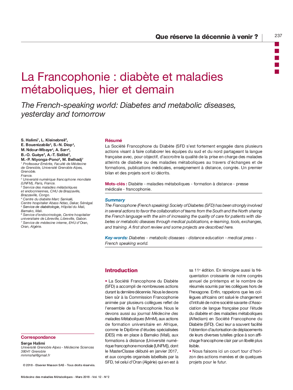 La Francophonie : diabÃ¨te et maladies métaboliques, hier et demain