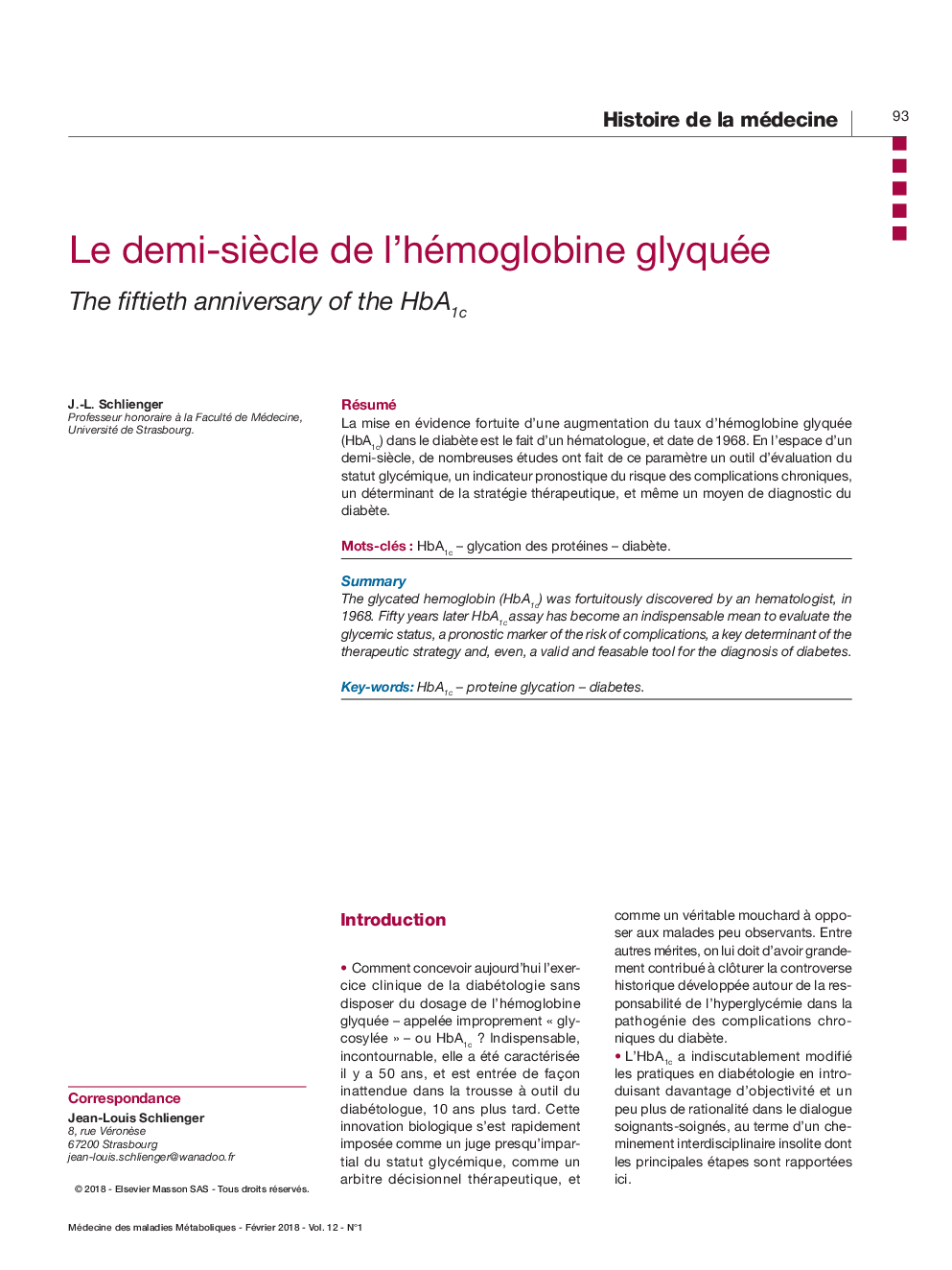عکس صفحه اول مقاله: Le demi-siècle de l'hémoglobine glyquée Le demi-siècle de l'hémoglobine glyquée