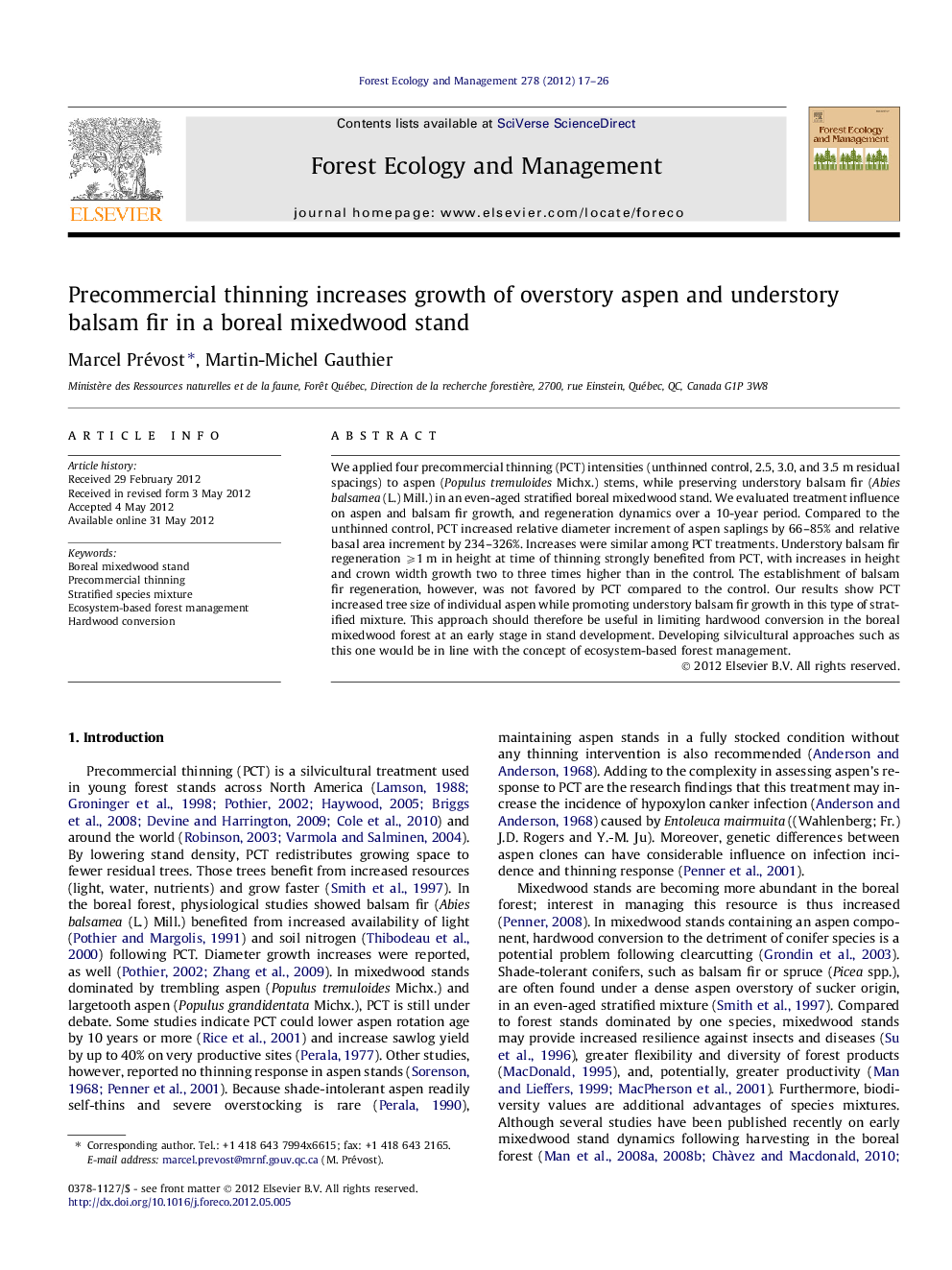 Precommercial thinning increases growth of overstory aspen and understory balsam fir in a boreal mixedwood stand