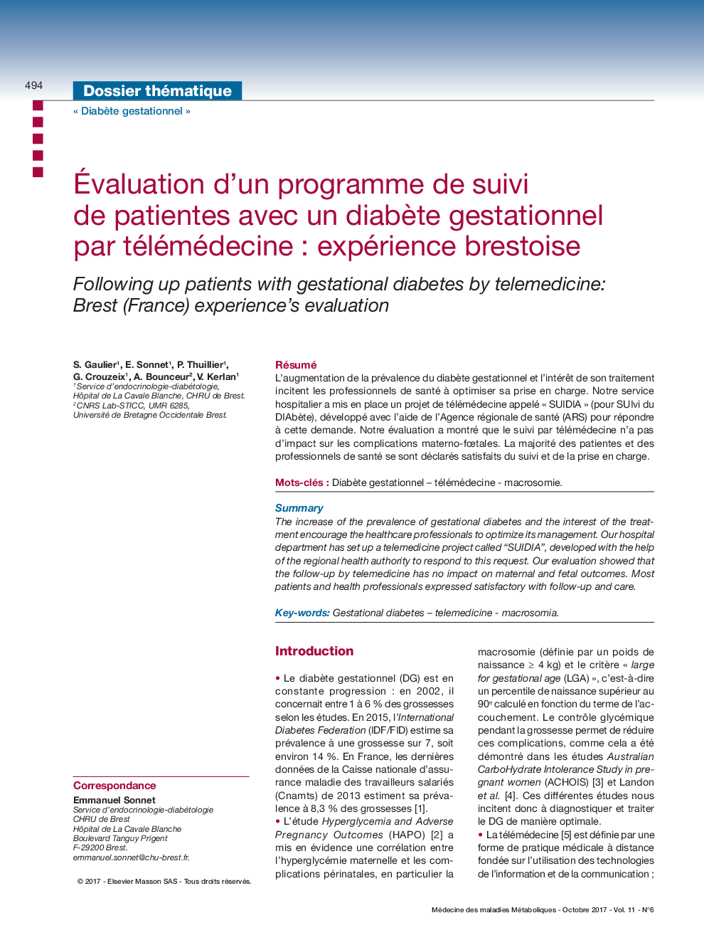 Ãvaluation d'un programme de suivi de patientes avec un diabÃ¨te gestationnel par télémédecine : expérience brestoise