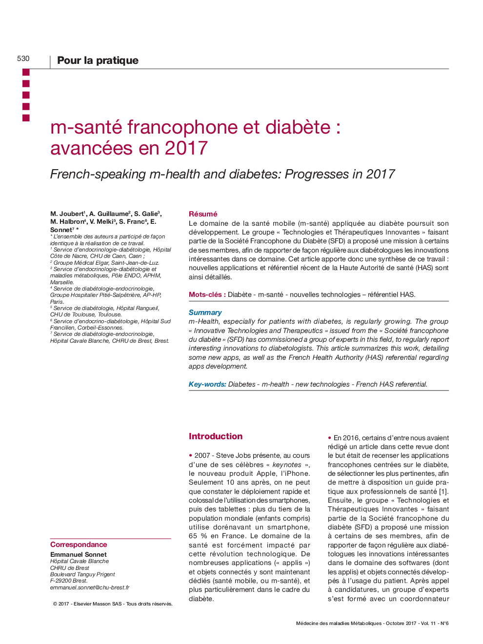 m-santé francophone et diabÃ¨te : avancées en 2017