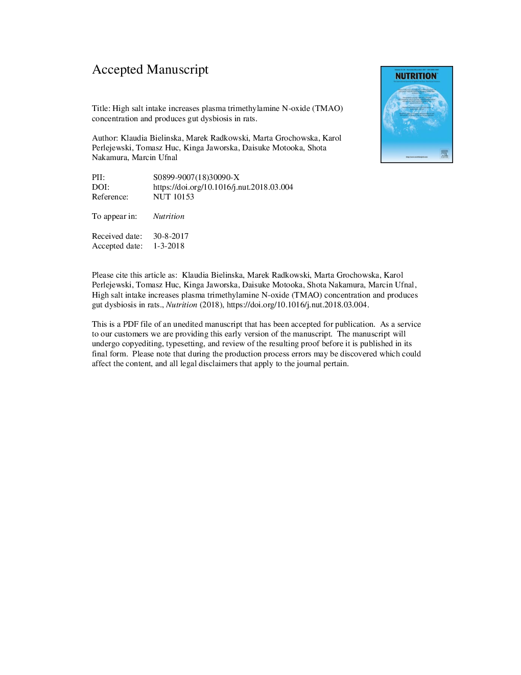 High salt intake increases plasma trimethylamine N-oxide (TMAO) concentration and produces gut dysbiosis in rats