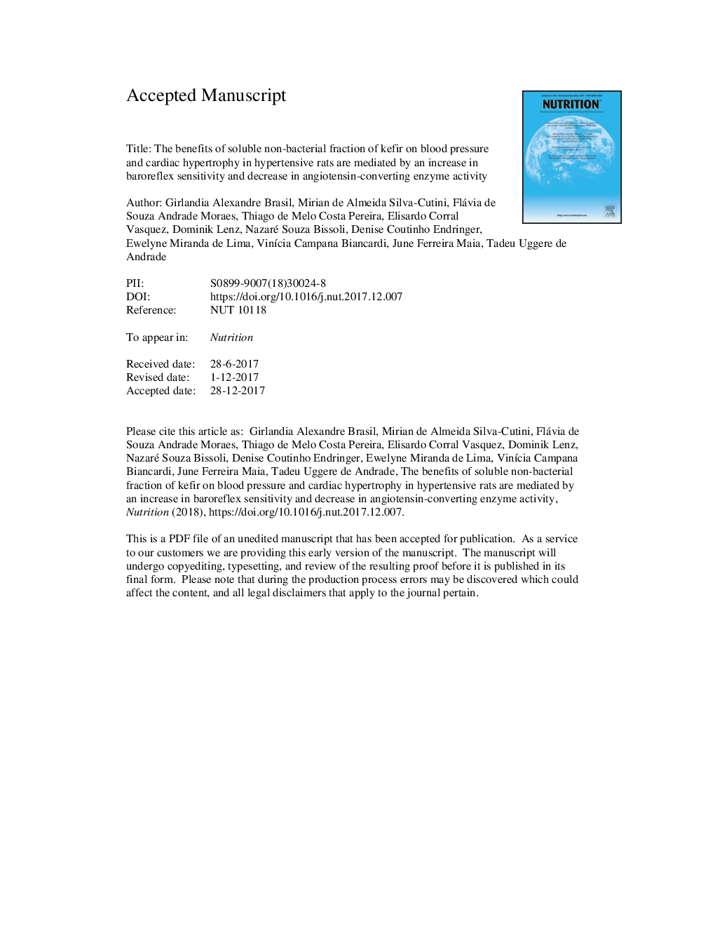 The benefits of soluble non-bacterial fraction of kefir on blood pressure and cardiac hypertrophy in hypertensive rats are mediated by an increase in baroreflex sensitivity and decrease in angiotensin-converting enzyme activity