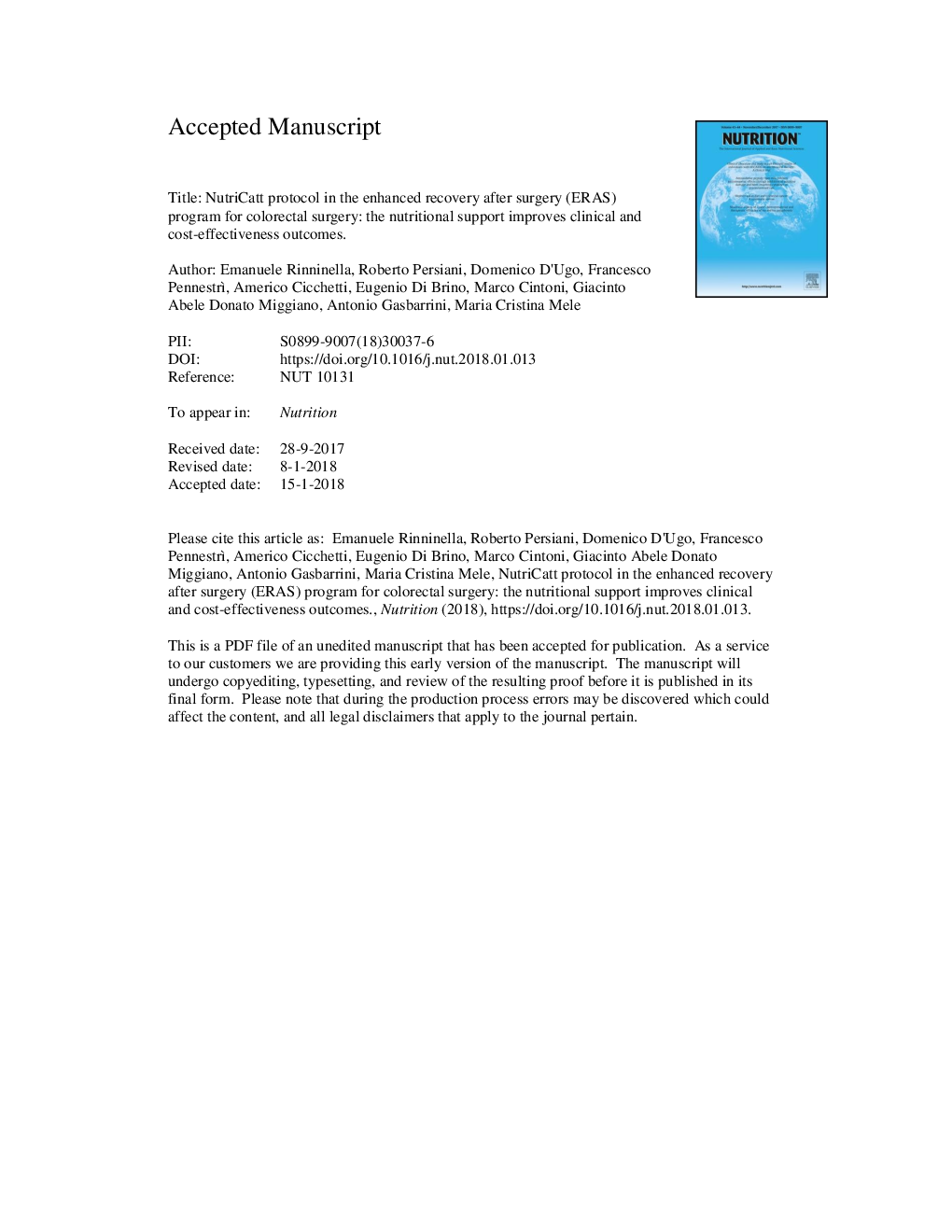 NutriCatt protocol in the Enhanced Recovery After Surgery (ERAS) program for colorectal surgery: The nutritional support improves clinical and cost-effectiveness outcomes