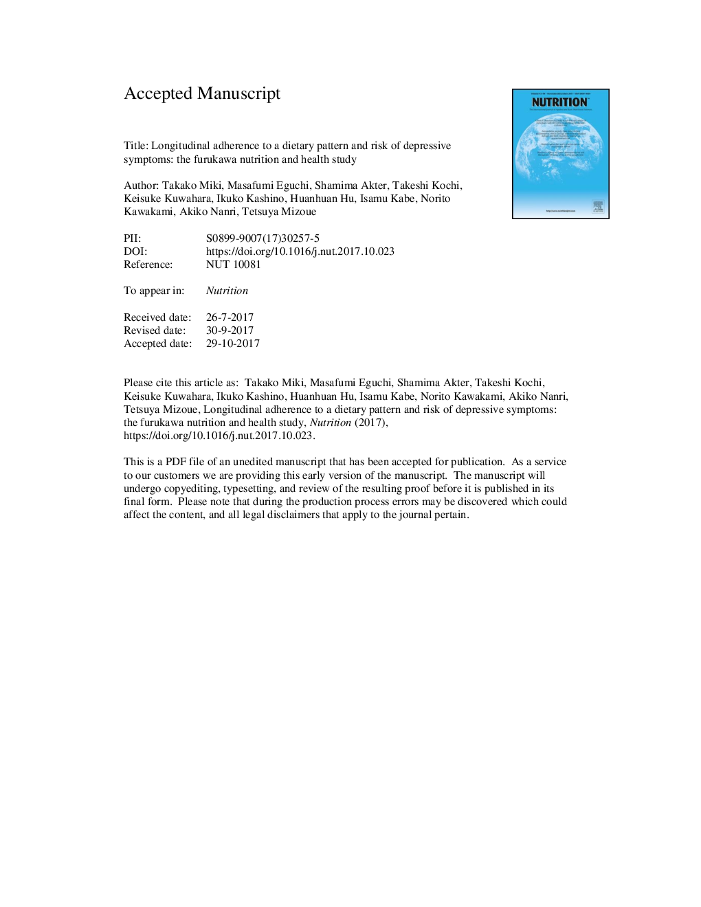 Longitudinal adherence to a dietary pattern and risk of depressive symptoms: the Furukawa Nutrition and Health Study