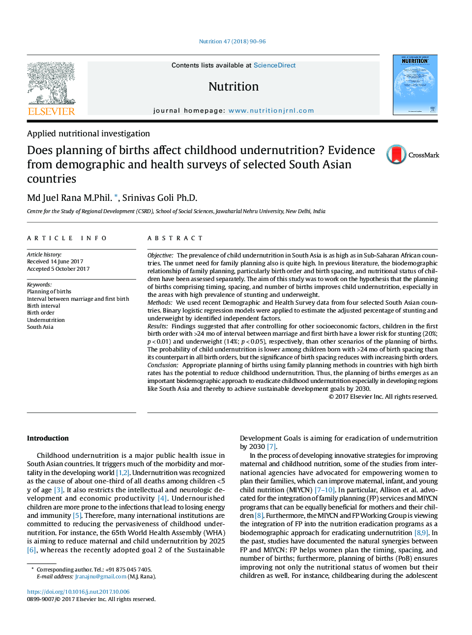 Does planning of births affect childhood undernutrition? Evidence from demographic and health surveys of selected South Asian countries