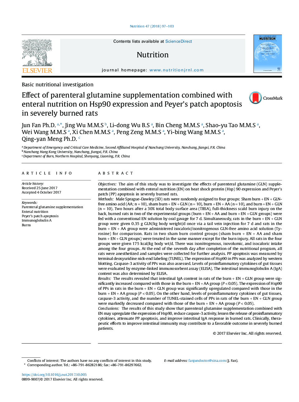 Effect of parenteral glutamine supplementation combined with enteral nutrition on Hsp90 expression and Peyer's patch apoptosis in severely burned rats