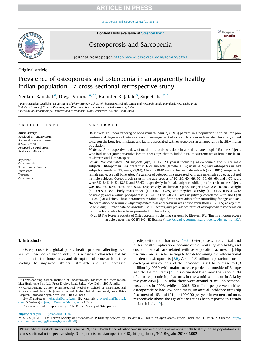 Prevalence of osteoporosis and osteopenia in an apparently healthy Indian population - a cross-sectional retrospective study