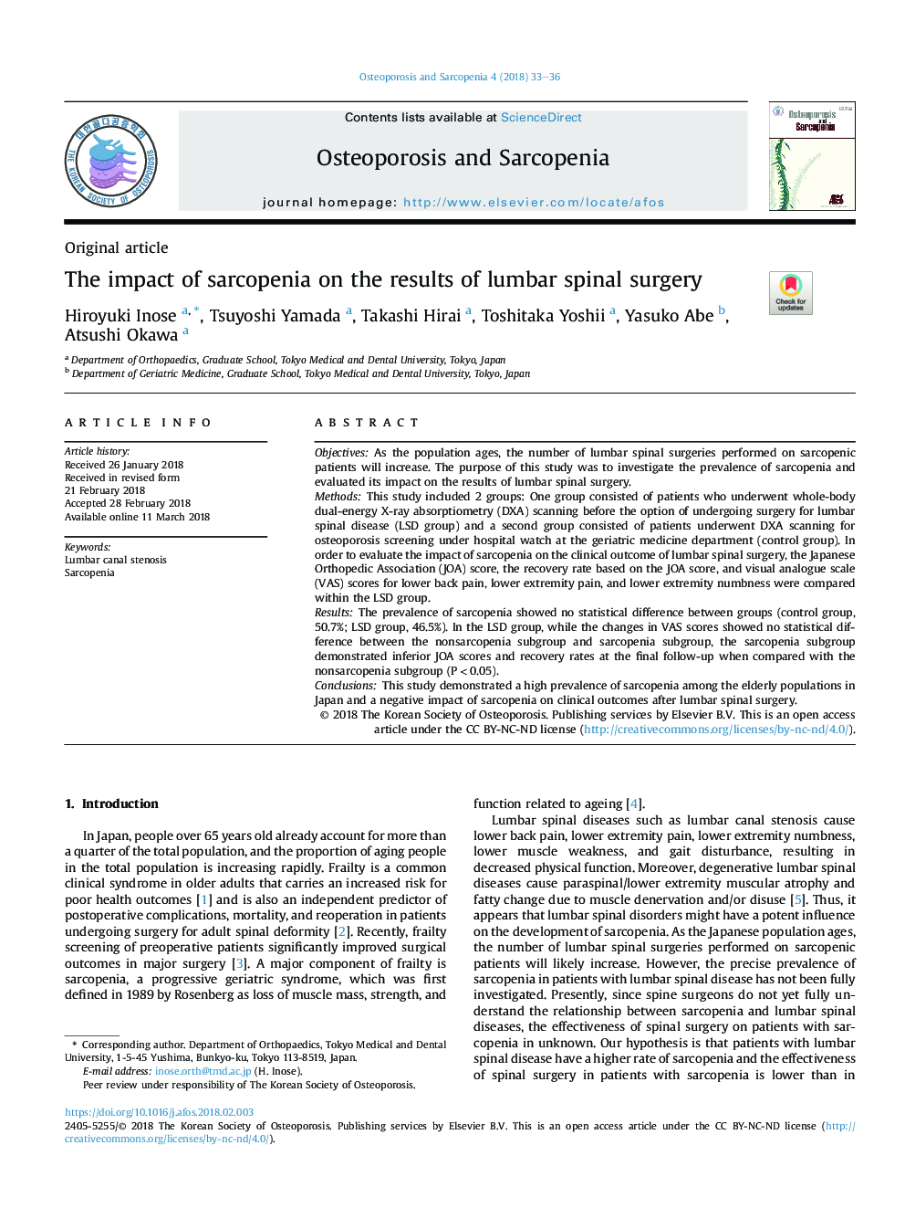 The impact of sarcopenia on the results of lumbar spinal surgery