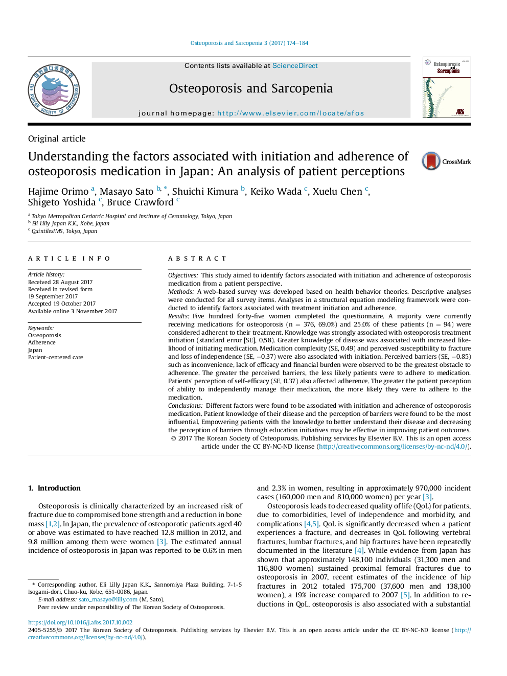 Understanding the factors associated with initiation and adherence of osteoporosis medication in Japan: An analysis of patient perceptions