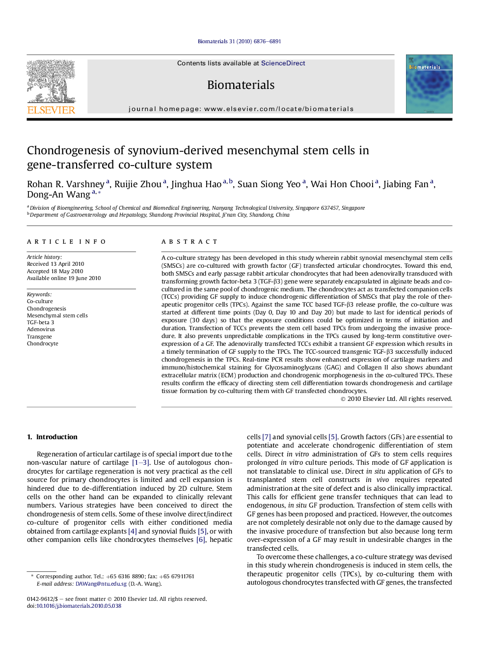 Chondrogenesis of synovium-derived mesenchymal stem cells in gene-transferred co-culture system