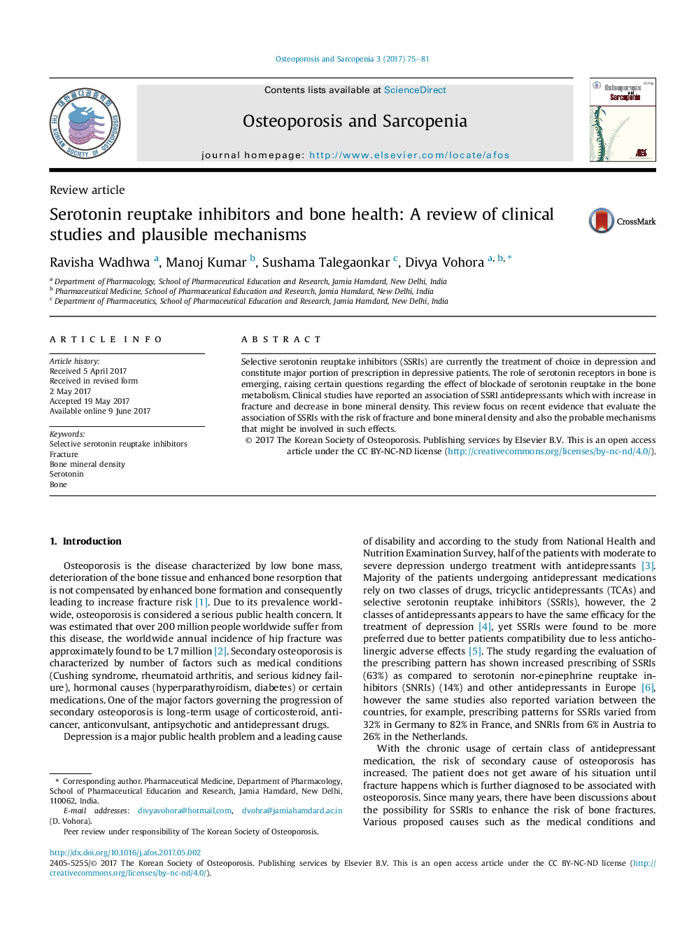 Serotonin reuptake inhibitors and bone health: A review of clinical studies and plausible mechanisms