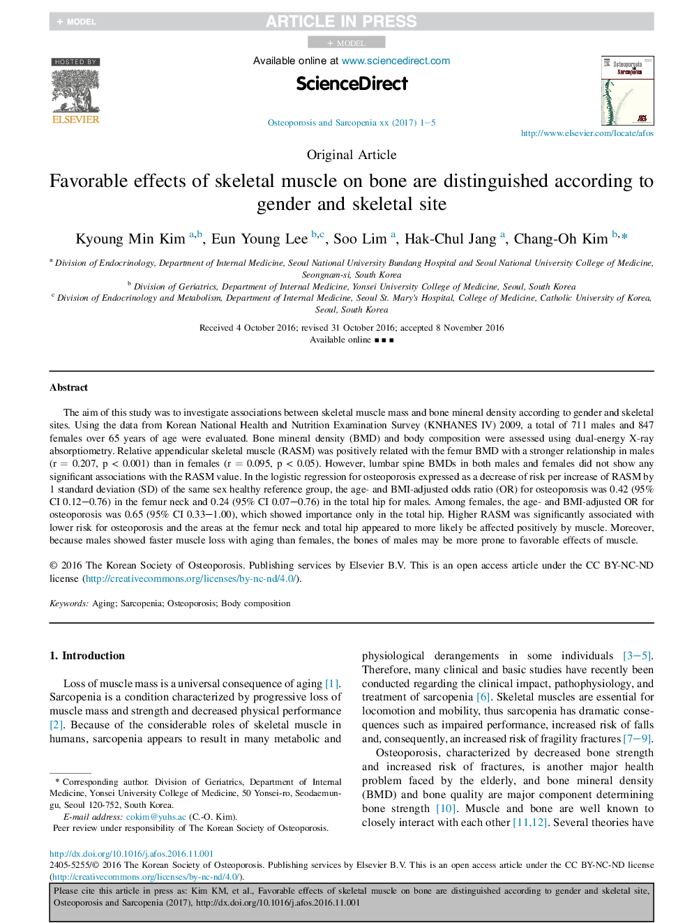 Favorable effects of skeletal muscle on bone are distinguished according to gender and skeletal sites