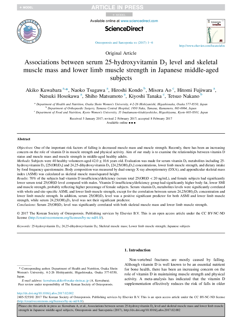 Associations between serum 25-hydroxyvitamin D3 level and skeletal muscle mass and lower limb muscle strength in Japanese middle-aged subjects