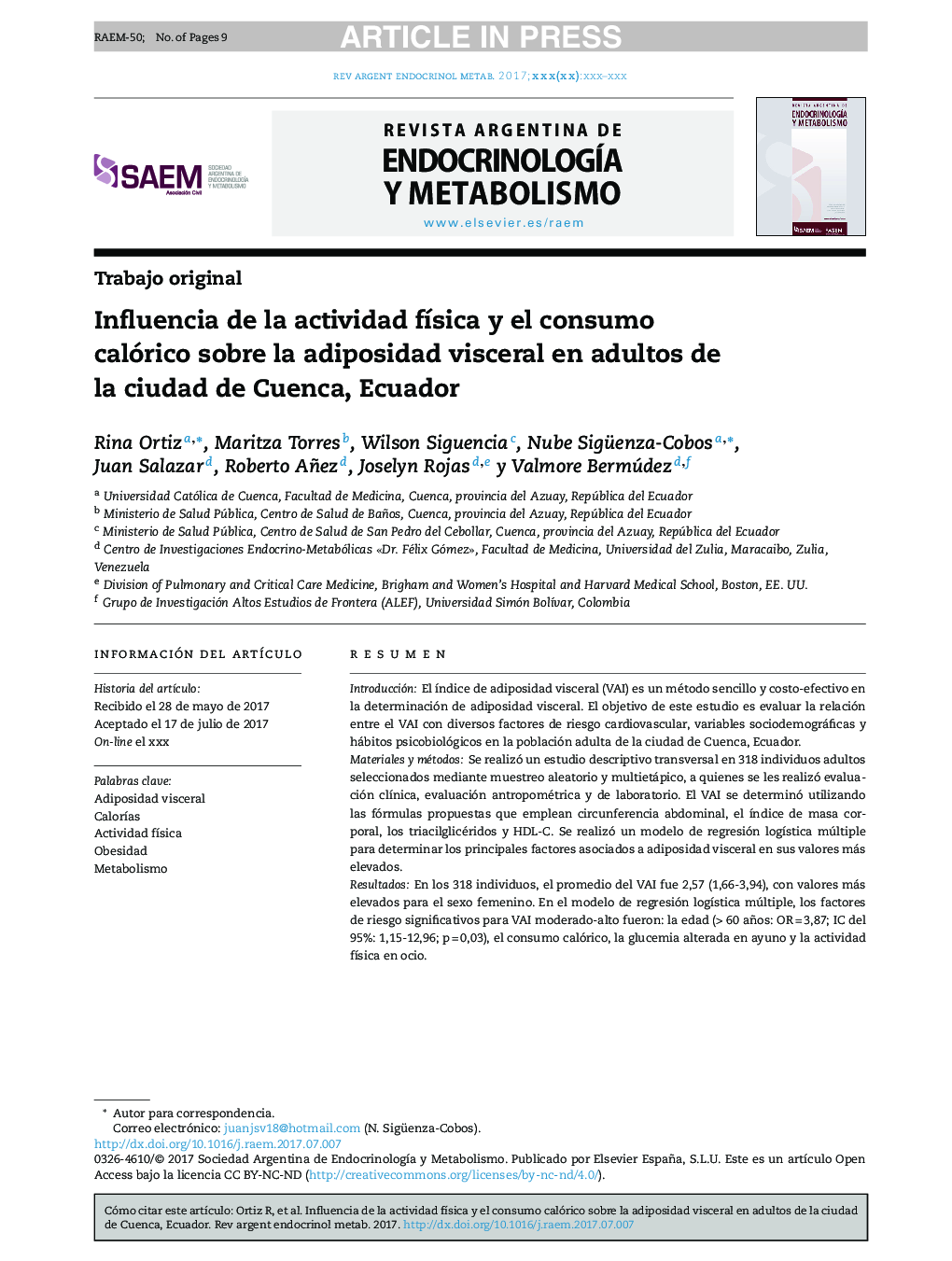 تأثیر فعالیت بدنی و مصرف کالری بر چربی شکم در بزرگسالان در شهر کوئنکا، اکوادور 