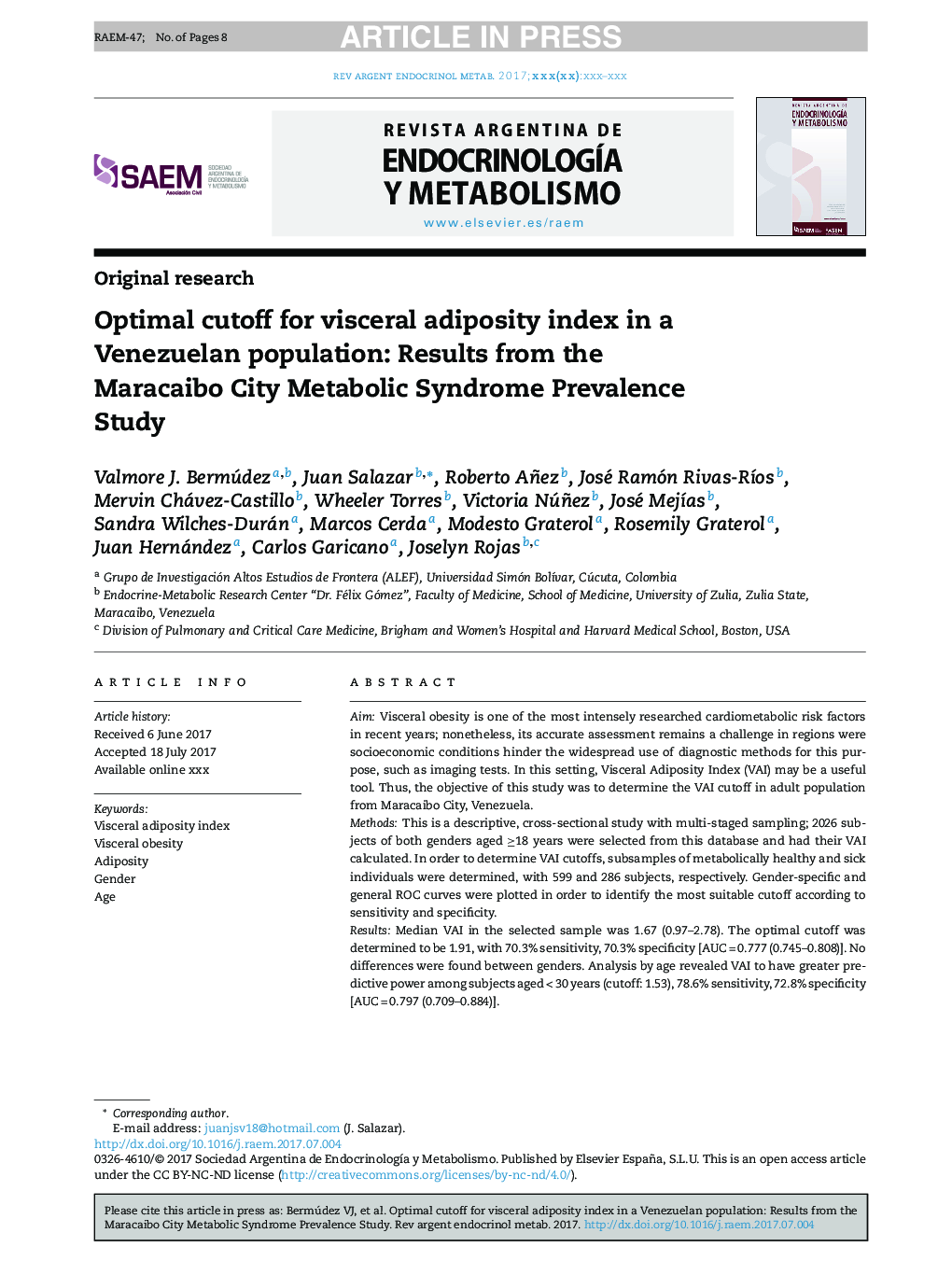 Optimal cutoff for visceral adiposity index in a Venezuelan population: Results from the Maracaibo City Metabolic Syndrome Prevalence Study