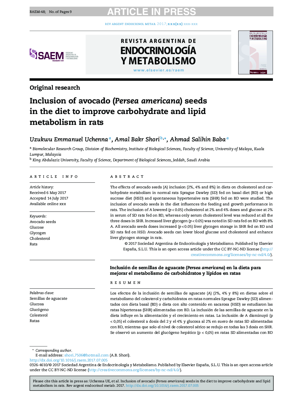 Inclusion of avocado (Persea americana) seeds in the diet to improve carbohydrate and lipid metabolism in rats