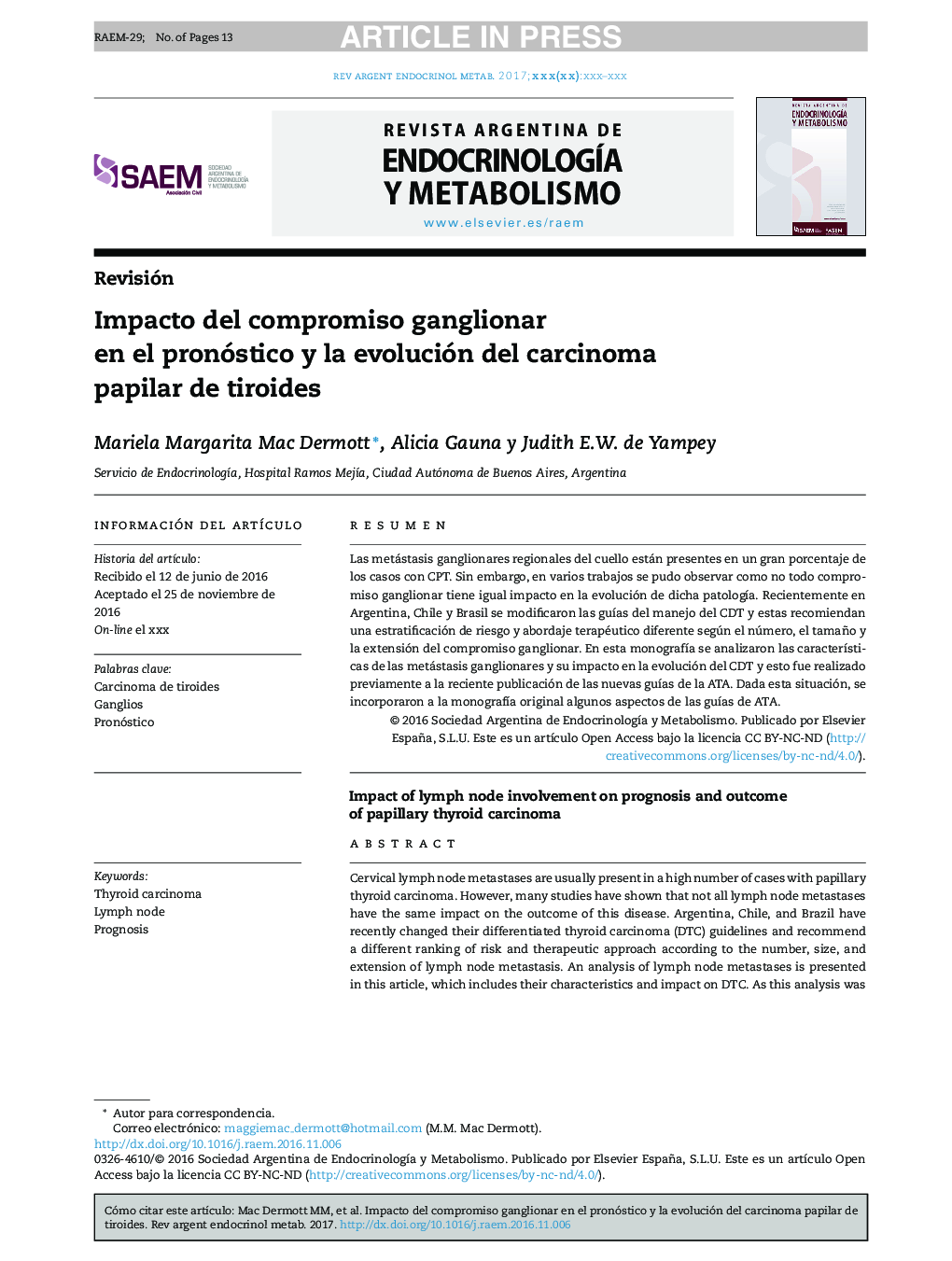 Impacto del compromiso ganglionar en el pronóstico y la evolución del carcinoma papilar de tiroides
