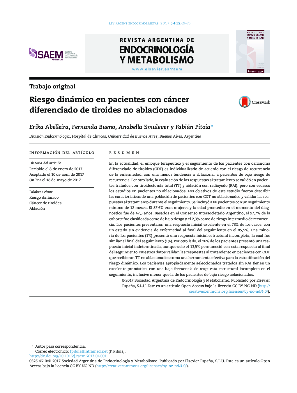 Riesgo dinámico en pacientes con cáncer diferenciado de tiroides no ablacionados